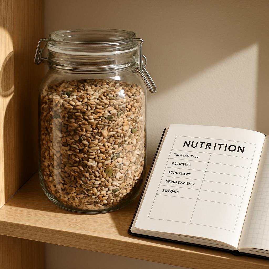Glass jar filled with sunflower seeds displayed on a bookshelf next to a book labeled nutrition.