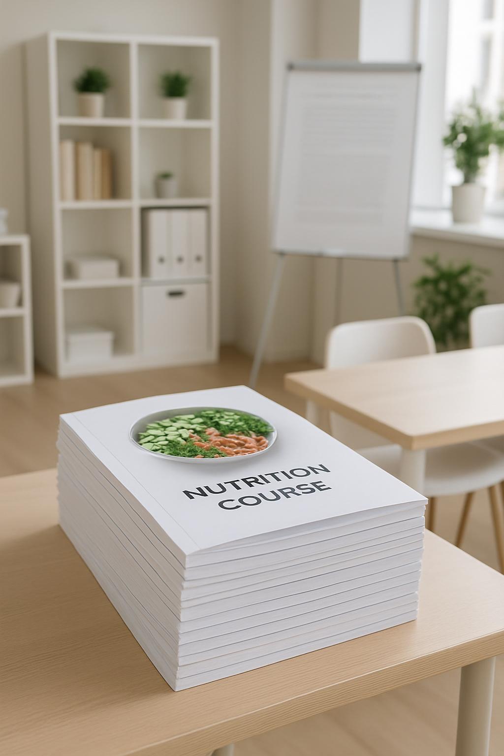 A stack of nutrition-course textbooks on a light wooden table, with a blurry classroom in the background.