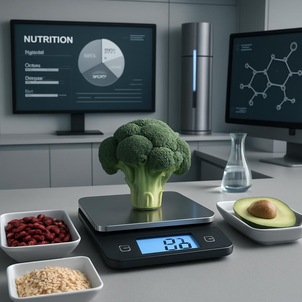 Digital kitchen with a variety of foods and nutritional charts displayed on the screens.