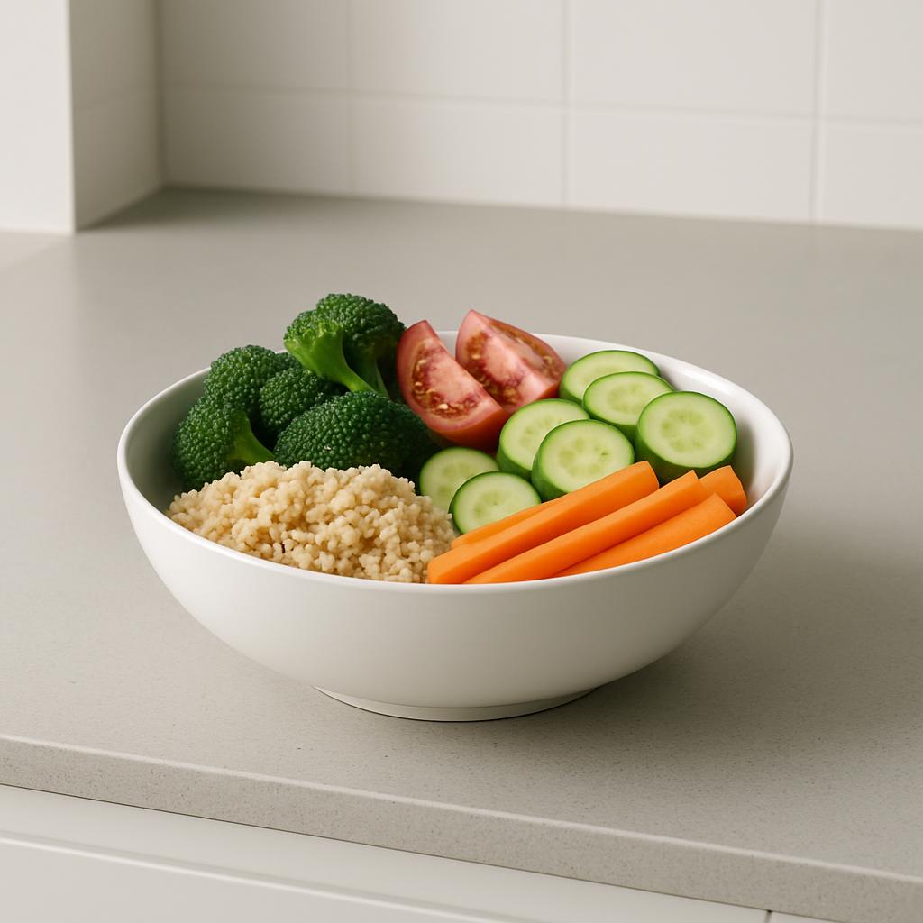 Bowl of vegetables on a counter. The bowl contains broccoli, tomato, sliced cucumber, sliced carrots, and rice. The bowl i...
