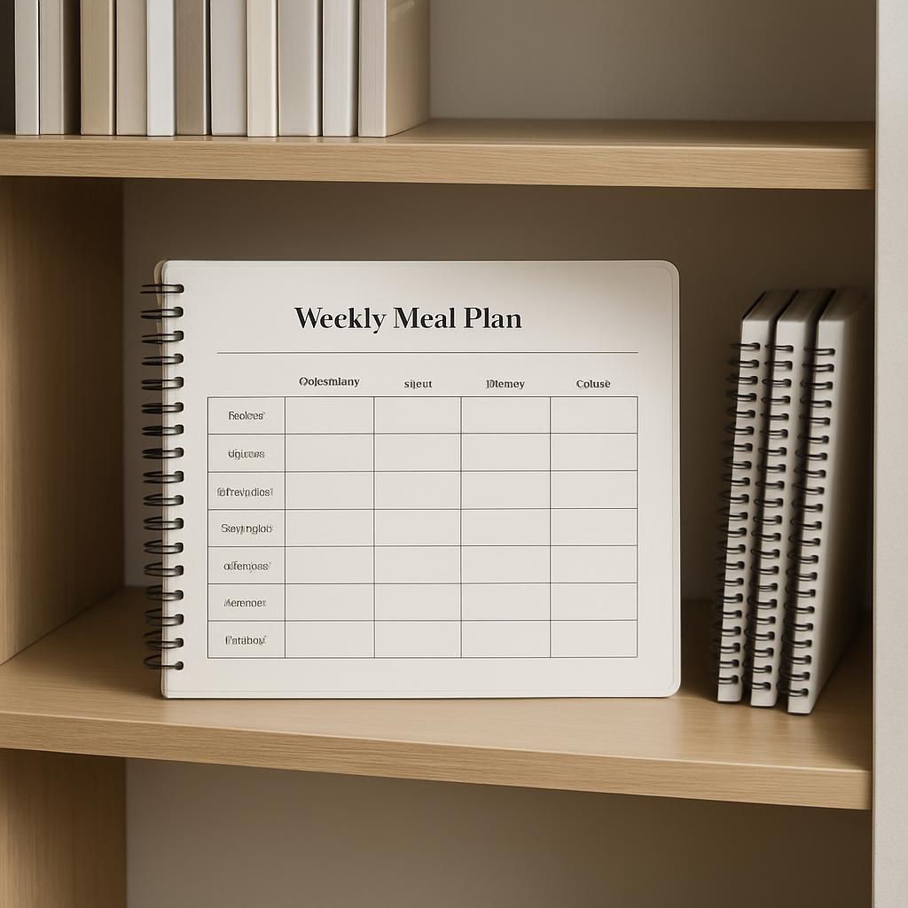 Weekly meal plan template in English displayed in a home bookshelf setting.
